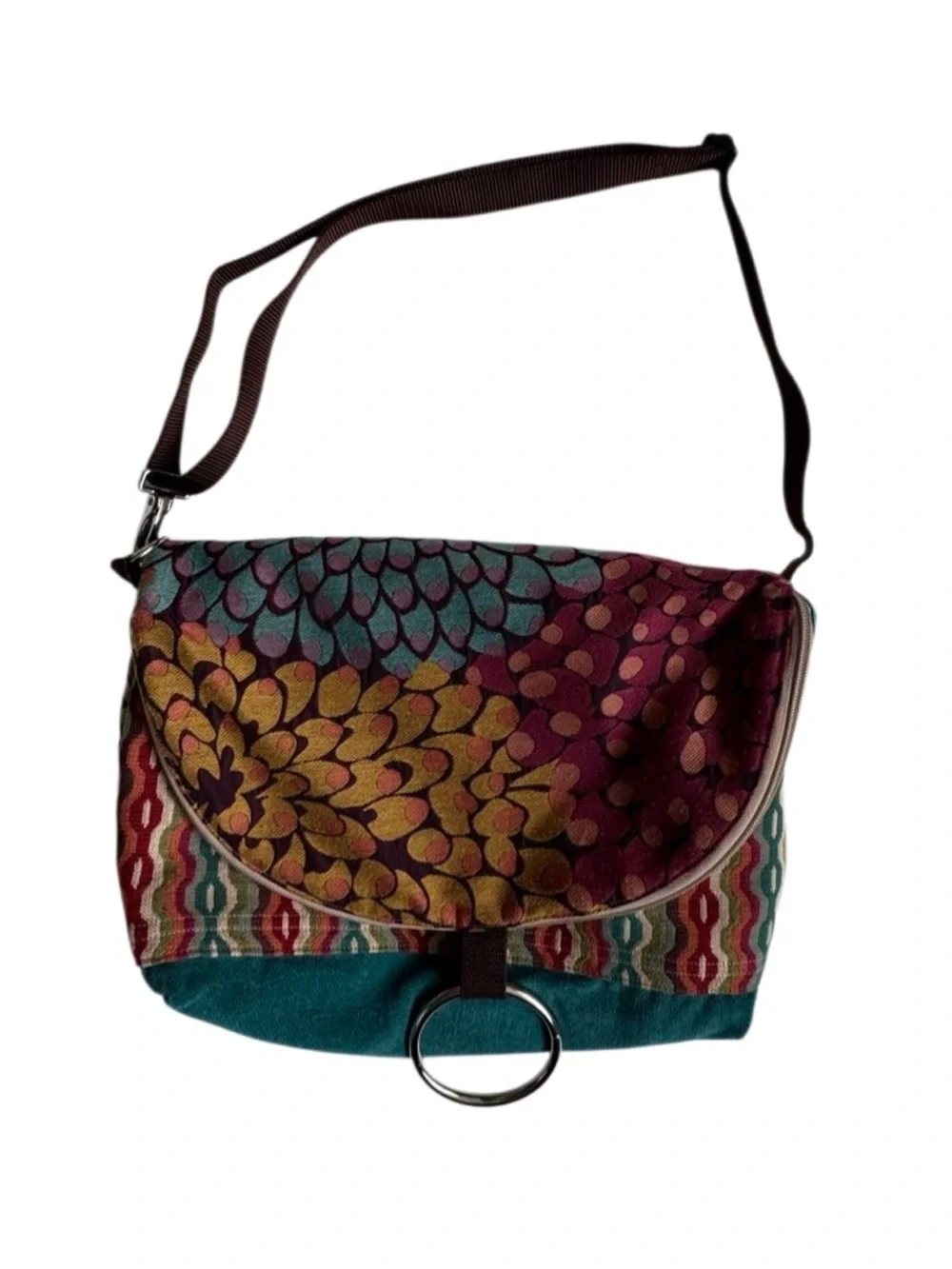 Kindered Spirit Boho Multi Pattern Upholstery Flap Over Messenger Bag Rare